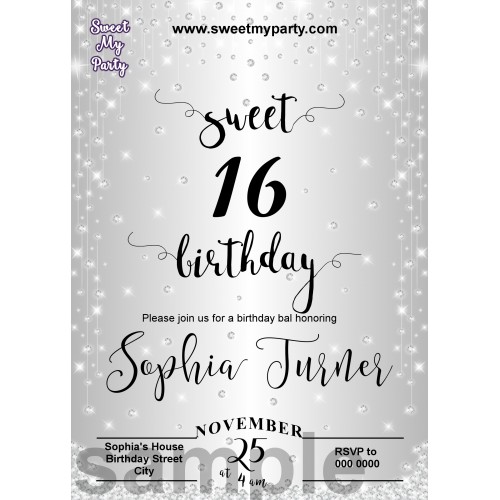 Sweet 16 Silver Diamonds Invitations,Silver Sparkle Diamonds Quinceanera Invitations,(013aswee)